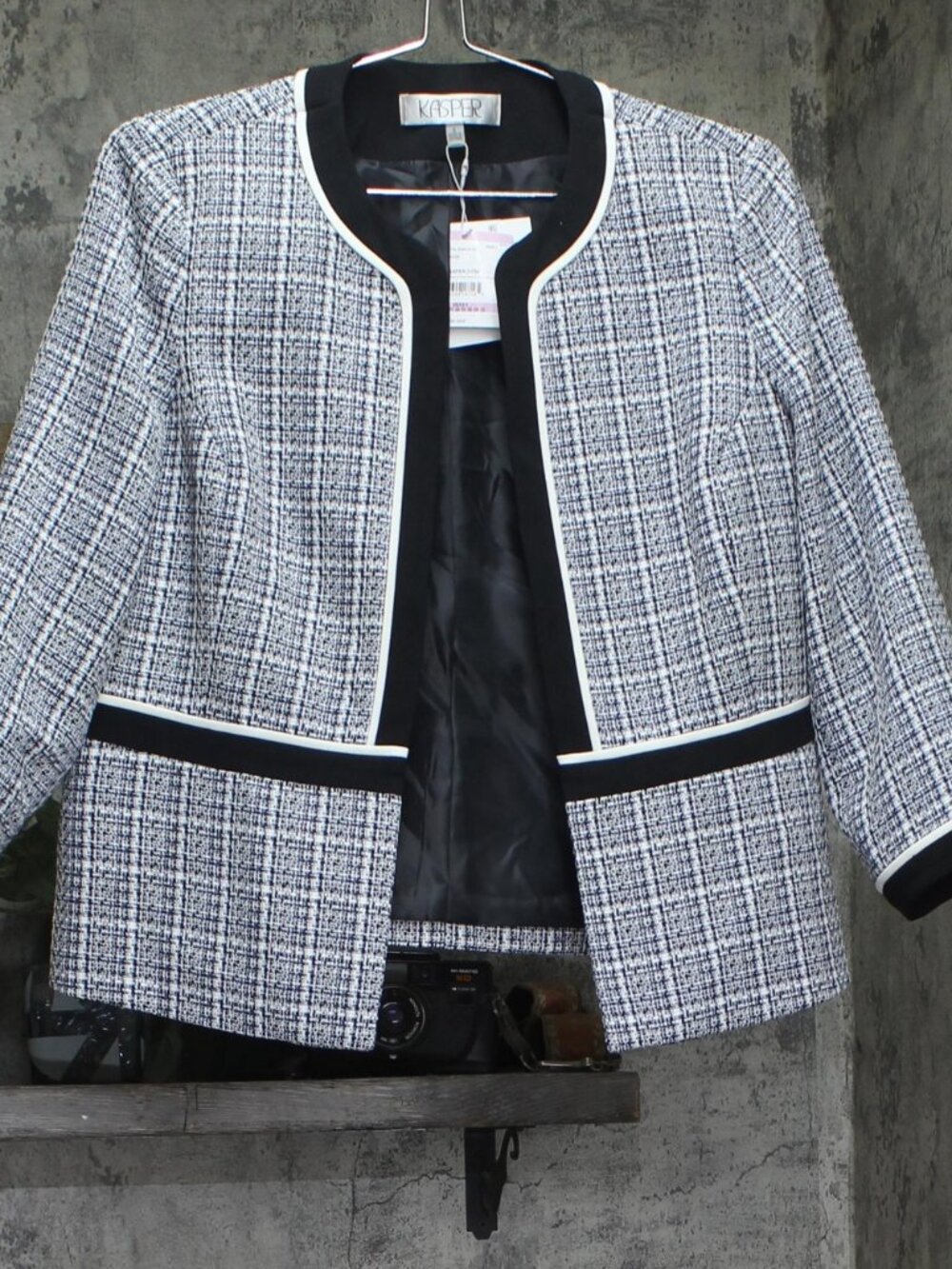 Kasper Blue Open Front Piped Trim Tweed Jacket Blazer 10924393 Multi